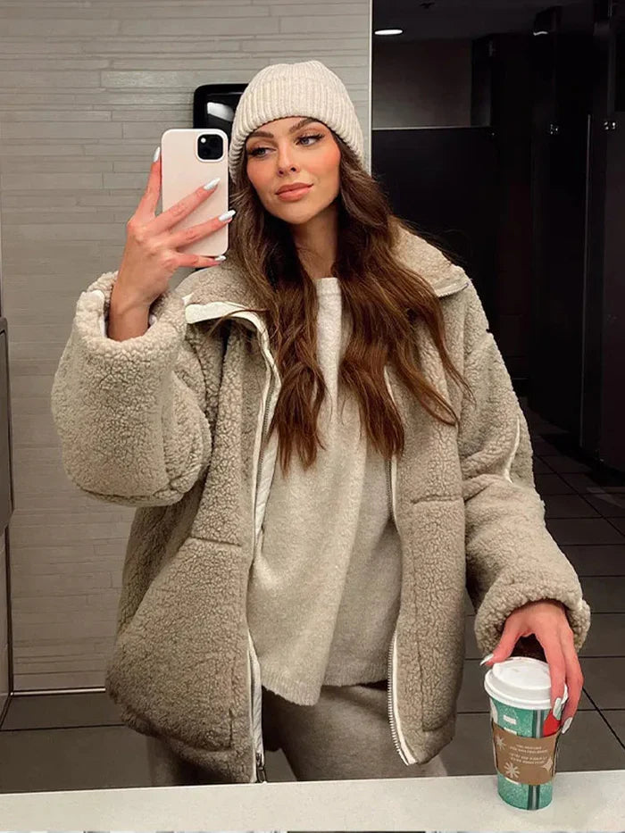 Women's Oversized Fleece Zip Jacket with High Collar