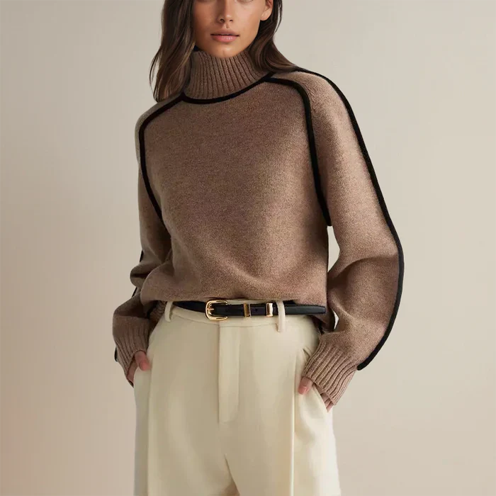 Cozy Oversized Turtleneck Sweater for Women with Contrast Trim