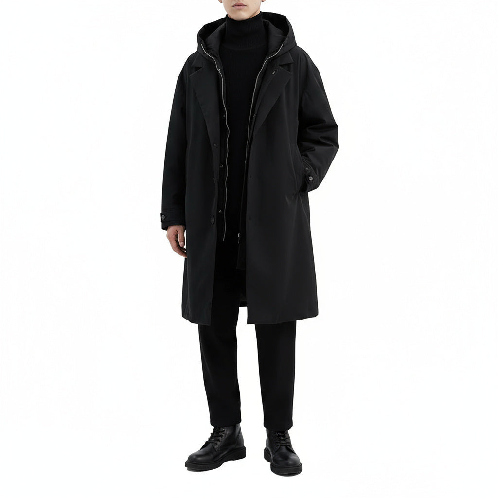 Men's Long Waterproof Puffer Trench Coat with Hood