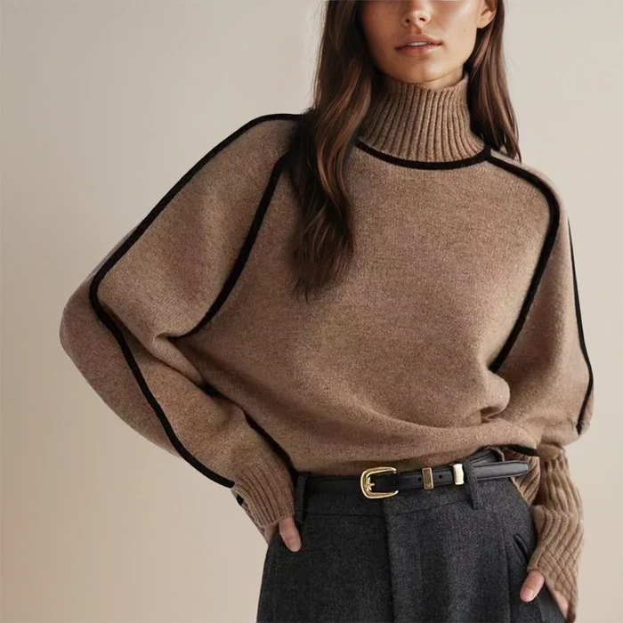 Cozy Oversized Turtleneck Sweater for Women with Contrast Trim