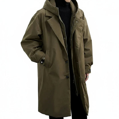 Men's Long Waterproof Puffer Trench Coat with Hood